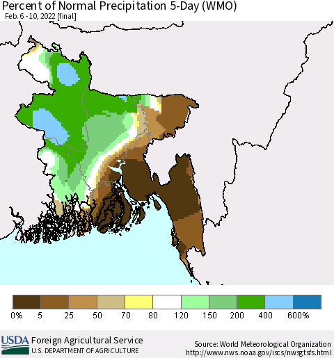Bangladesh Percent of Normal Precipitation 5-Day (WMO) Thematic Map For 2/6/2022 - 2/10/2022