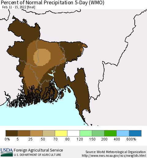 Bangladesh Percent of Normal Precipitation 5-Day (WMO) Thematic Map For 2/11/2022 - 2/15/2022