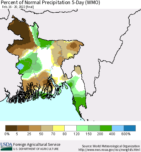 Bangladesh Percent of Normal Precipitation 5-Day (WMO) Thematic Map For 2/16/2022 - 2/20/2022