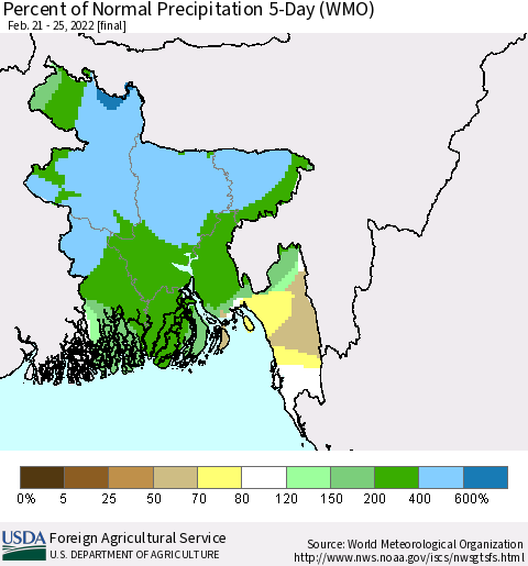 Bangladesh Percent of Normal Precipitation 5-Day (WMO) Thematic Map For 2/21/2022 - 2/25/2022