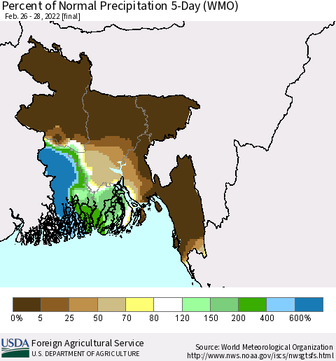 Bangladesh Percent of Normal Precipitation 5-Day (WMO) Thematic Map For 2/26/2022 - 2/28/2022