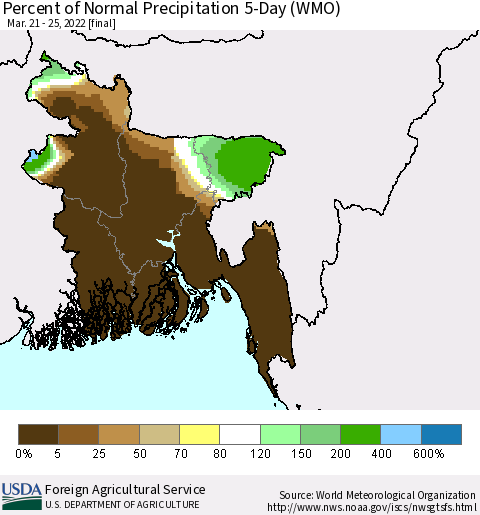 Bangladesh Percent of Normal Precipitation 5-Day (WMO) Thematic Map For 3/21/2022 - 3/25/2022