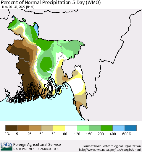 Bangladesh Percent of Normal Precipitation 5-Day (WMO) Thematic Map For 3/26/2022 - 3/31/2022