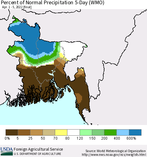 Bangladesh Percent of Normal Precipitation 5-Day (WMO) Thematic Map For 4/1/2022 - 4/5/2022