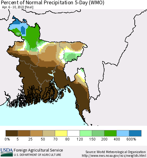 Bangladesh Percent of Normal Precipitation 5-Day (WMO) Thematic Map For 4/6/2022 - 4/10/2022