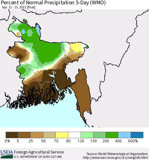Bangladesh Percent of Normal Precipitation 5-Day (WMO) Thematic Map For 4/11/2022 - 4/15/2022