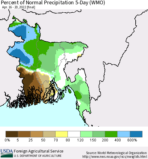 Bangladesh Percent of Normal Precipitation 5-Day (WMO) Thematic Map For 4/16/2022 - 4/20/2022
