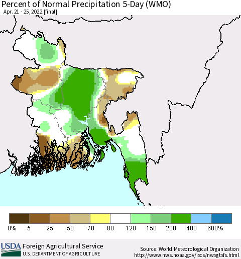 Bangladesh Percent of Normal Precipitation 5-Day (WMO) Thematic Map For 4/21/2022 - 4/25/2022