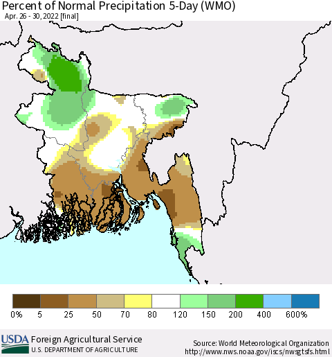 Bangladesh Percent of Normal Precipitation 5-Day (WMO) Thematic Map For 4/26/2022 - 4/30/2022