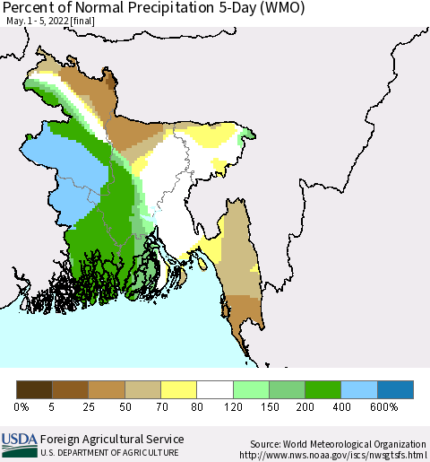 Bangladesh Percent of Normal Precipitation 5-Day (WMO) Thematic Map For 5/1/2022 - 5/5/2022
