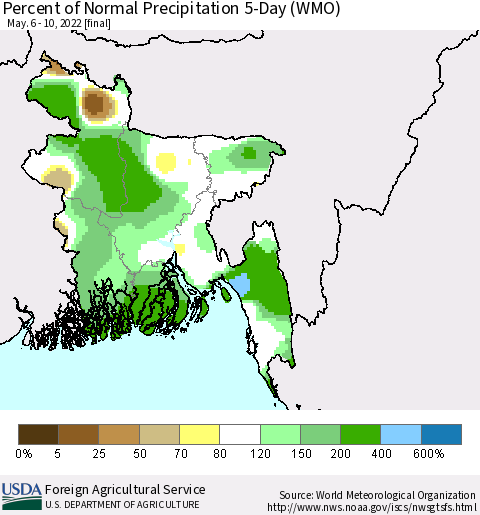 Bangladesh Percent of Normal Precipitation 5-Day (WMO) Thematic Map For 5/6/2022 - 5/10/2022