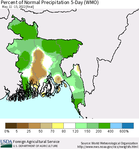 Bangladesh Percent of Normal Precipitation 5-Day (WMO) Thematic Map For 5/11/2022 - 5/15/2022