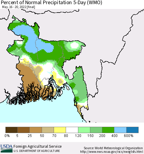 Bangladesh Percent of Normal Precipitation 5-Day (WMO) Thematic Map For 5/16/2022 - 5/20/2022