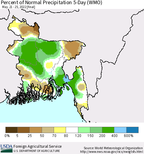 Bangladesh Percent of Normal Precipitation 5-Day (WMO) Thematic Map For 5/21/2022 - 5/25/2022