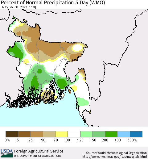 Bangladesh Percent of Normal Precipitation 5-Day (WMO) Thematic Map For 5/26/2022 - 5/31/2022