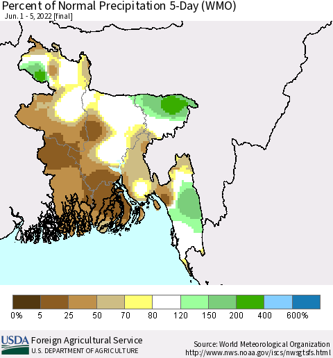 Bangladesh Percent of Normal Precipitation 5-Day (WMO) Thematic Map For 6/1/2022 - 6/5/2022