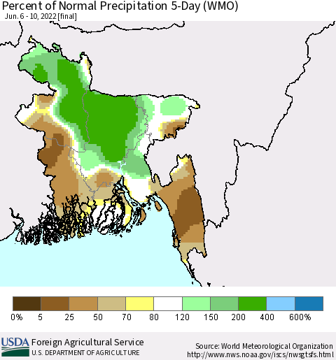 Bangladesh Percent of Normal Precipitation 5-Day (WMO) Thematic Map For 6/6/2022 - 6/10/2022