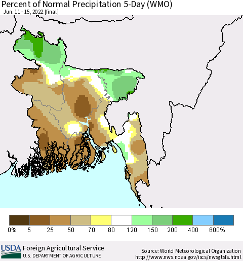 Bangladesh Percent of Normal Precipitation 5-Day (WMO) Thematic Map For 6/11/2022 - 6/15/2022