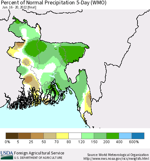 Bangladesh Percent of Normal Precipitation 5-Day (WMO) Thematic Map For 6/16/2022 - 6/20/2022