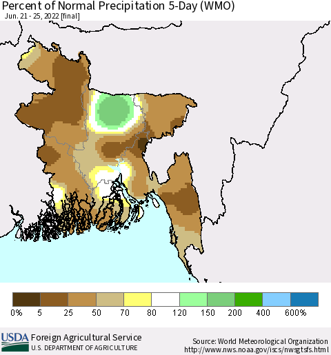Bangladesh Percent of Normal Precipitation 5-Day (WMO) Thematic Map For 6/21/2022 - 6/25/2022