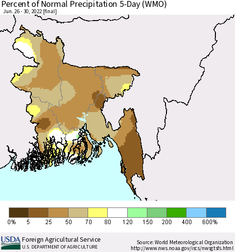 Bangladesh Percent of Normal Precipitation 5-Day (WMO) Thematic Map For 6/26/2022 - 6/30/2022