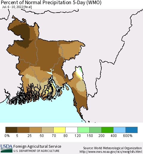 Bangladesh Percent of Normal Precipitation 5-Day (WMO) Thematic Map For 7/6/2022 - 7/10/2022