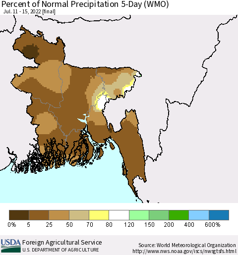 Bangladesh Percent of Normal Precipitation 5-Day (WMO) Thematic Map For 7/11/2022 - 7/15/2022