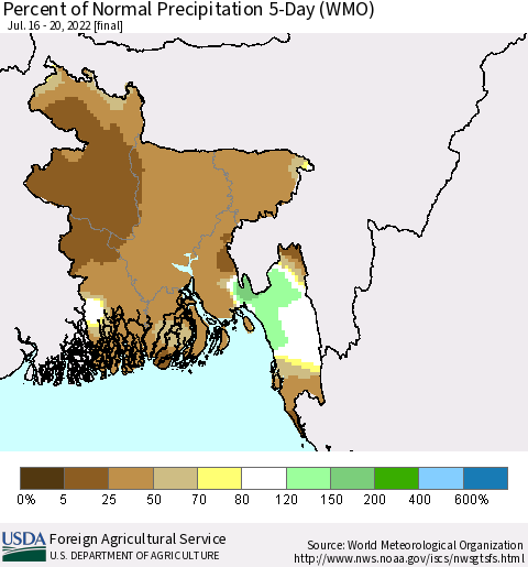 Bangladesh Percent of Normal Precipitation 5-Day (WMO) Thematic Map For 7/16/2022 - 7/20/2022