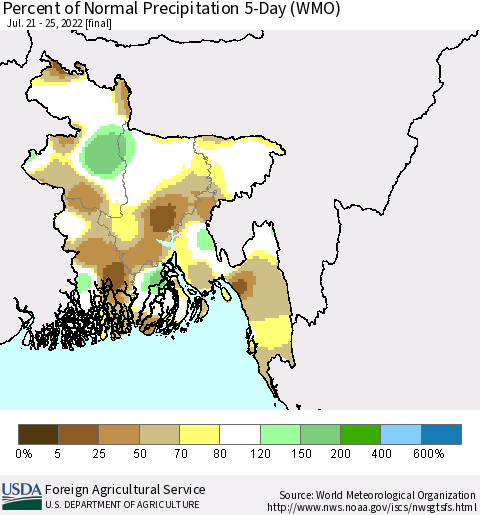 Bangladesh Percent of Normal Precipitation 5-Day (WMO) Thematic Map For 7/21/2022 - 7/25/2022