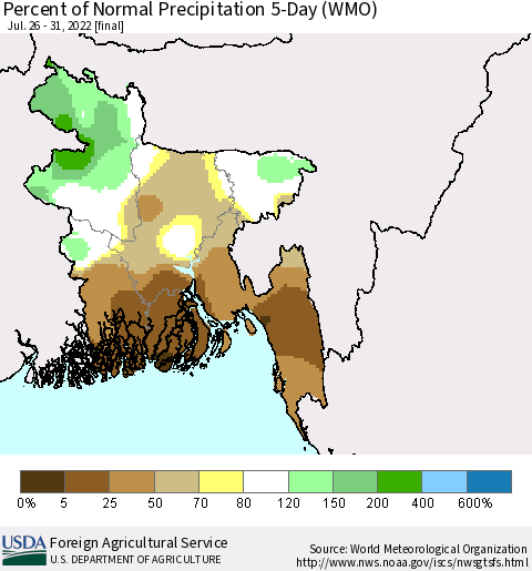 Bangladesh Percent of Normal Precipitation 5-Day (WMO) Thematic Map For 7/26/2022 - 7/31/2022