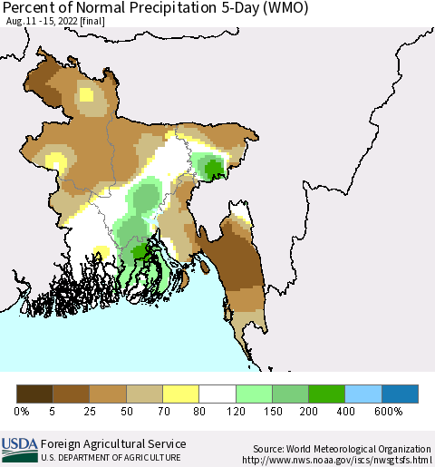 Bangladesh Percent of Normal Precipitation 5-Day (WMO) Thematic Map For 8/11/2022 - 8/15/2022