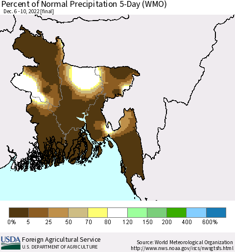 Bangladesh Percent of Normal Precipitation 5-Day (WMO) Thematic Map For 12/6/2022 - 12/10/2022