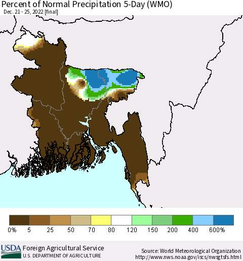 Bangladesh Percent of Normal Precipitation 5-Day (WMO) Thematic Map For 12/21/2022 - 12/25/2022