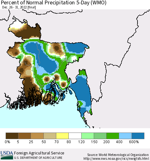 Bangladesh Percent of Normal Precipitation 5-Day (WMO) Thematic Map For 12/26/2022 - 12/31/2022