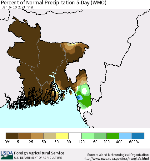 Bangladesh Percent of Normal Precipitation 5-Day (WMO) Thematic Map For 1/6/2023 - 1/10/2023