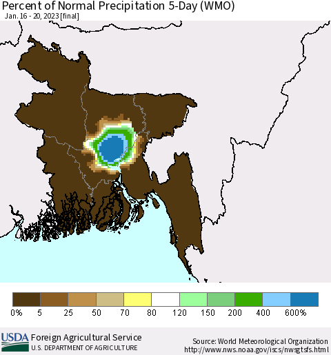 Bangladesh Percent of Normal Precipitation 5-Day (WMO) Thematic Map For 1/16/2023 - 1/20/2023