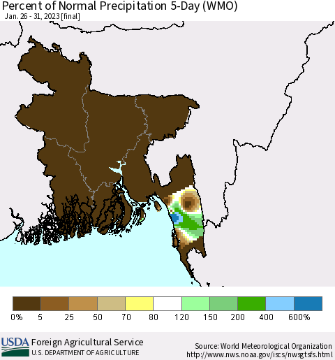 Bangladesh Percent of Normal Precipitation 5-Day (WMO) Thematic Map For 1/26/2023 - 1/31/2023