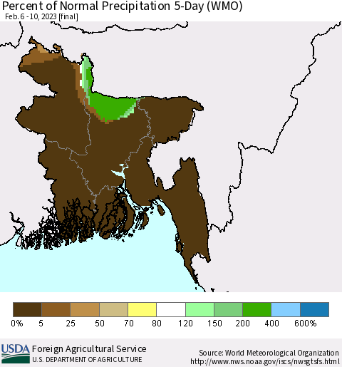 Bangladesh Percent of Normal Precipitation 5-Day (WMO) Thematic Map For 2/6/2023 - 2/10/2023