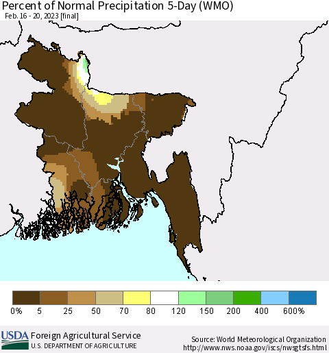 Bangladesh Percent of Normal Precipitation 5-Day (WMO) Thematic Map For 2/16/2023 - 2/20/2023