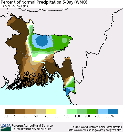 Bangladesh Percent of Normal Precipitation 5-Day (WMO) Thematic Map For 2/21/2023 - 2/25/2023