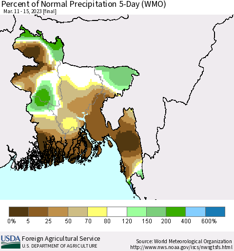 Bangladesh Percent of Normal Precipitation 5-Day (WMO) Thematic Map For 3/11/2023 - 3/15/2023