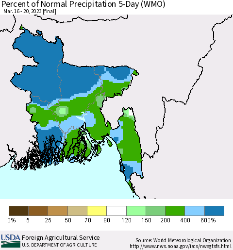 Bangladesh Percent of Normal Precipitation 5-Day (WMO) Thematic Map For 3/16/2023 - 3/20/2023
