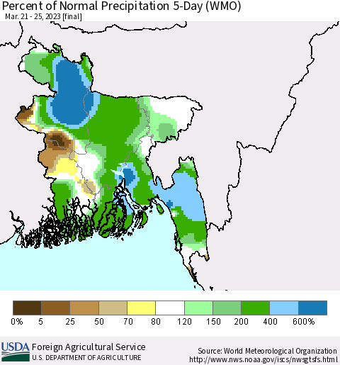 Bangladesh Percent of Normal Precipitation 5-Day (WMO) Thematic Map For 3/21/2023 - 3/25/2023