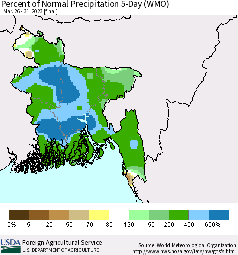 Bangladesh Percent of Normal Precipitation 5-Day (WMO) Thematic Map For 3/26/2023 - 3/31/2023