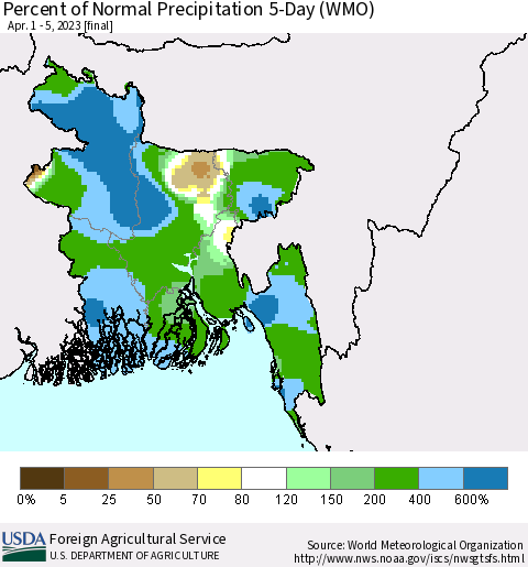 Bangladesh Percent of Normal Precipitation 5-Day (WMO) Thematic Map For 4/1/2023 - 4/5/2023