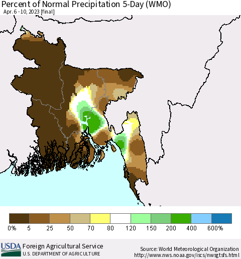 Bangladesh Percent of Normal Precipitation 5-Day (WMO) Thematic Map For 4/6/2023 - 4/10/2023