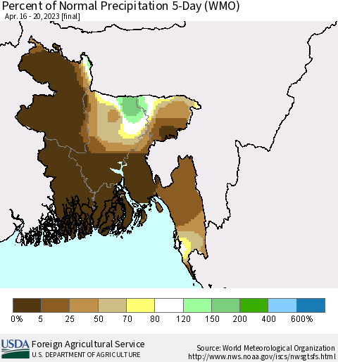 Bangladesh Percent of Normal Precipitation 5-Day (WMO) Thematic Map For 4/16/2023 - 4/20/2023