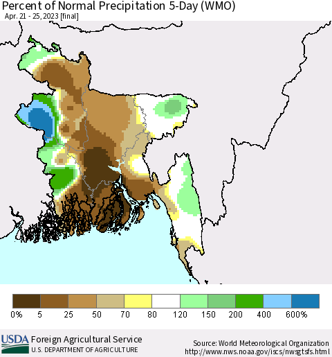 Bangladesh Percent of Normal Precipitation 5-Day (WMO) Thematic Map For 4/21/2023 - 4/25/2023