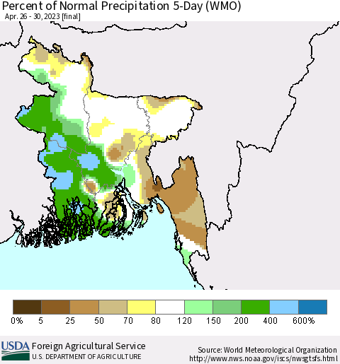 Bangladesh Percent of Normal Precipitation 5-Day (WMO) Thematic Map For 4/26/2023 - 4/30/2023