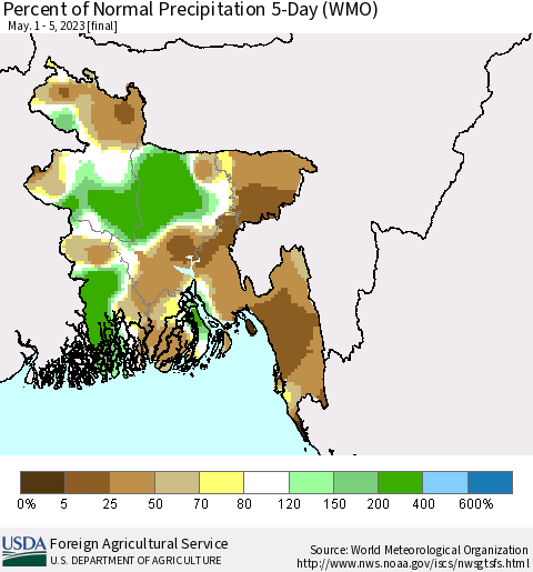 Bangladesh Percent of Normal Precipitation 5-Day (WMO) Thematic Map For 5/1/2023 - 5/5/2023